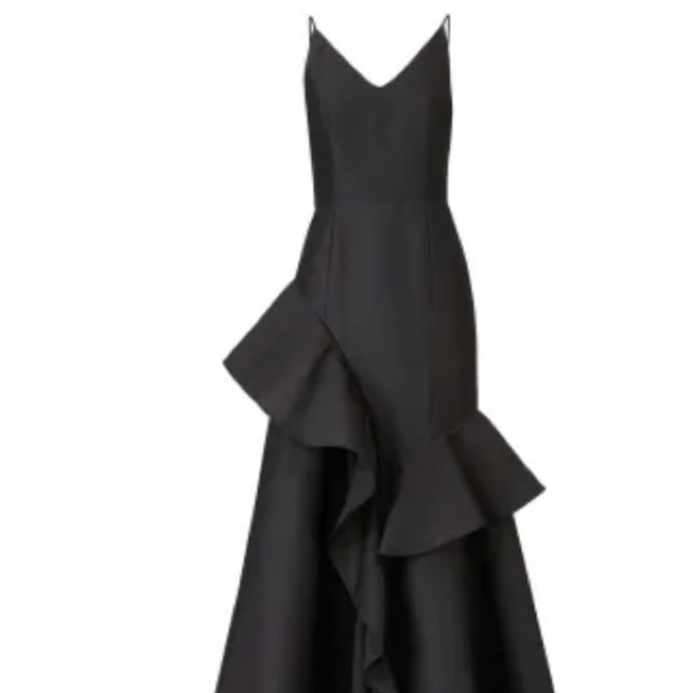 Fiesta Asymmetric Gown. Black Satin (49% Polyester, 47% Rayon, 4% Nylon)